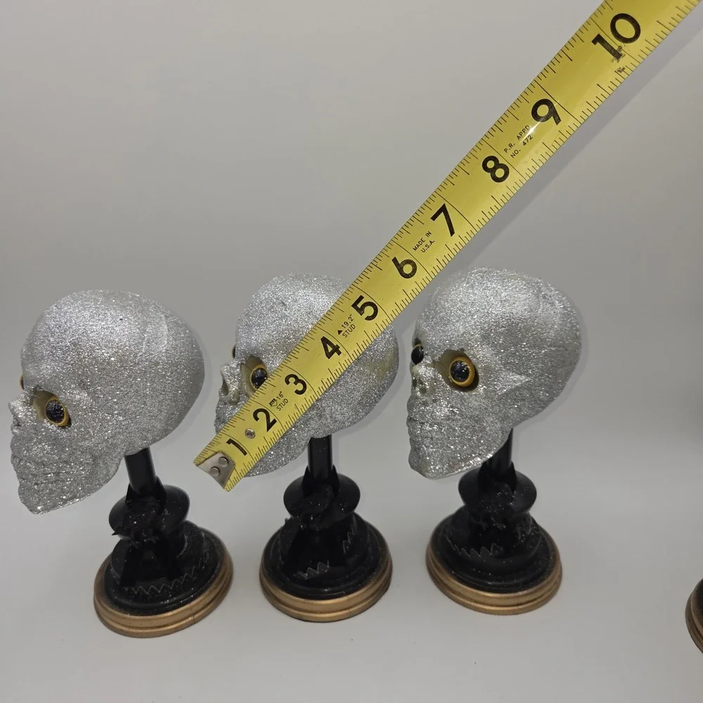 Vintage Lots of 3 Glittered Skull Head Blow Mold w/ Stand Prop Halloween Decor